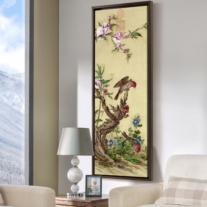 Giuseppe Castiglione,Peach blossom and birdChinese painting,Vertical Narrow Art,large wall art,framed wall art,canvas wall art,M422