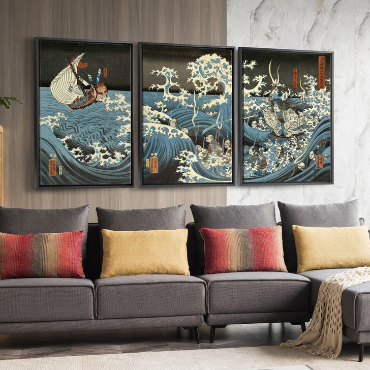 Utagawa Yoshikazu,Yoshitsune See the Ghost of Taira Tomomori,Ghost army at sea,Triptych canvas,framed canvas,3 panel wall art,large,s266