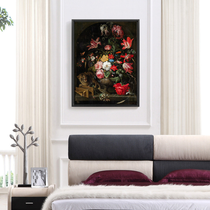 Abraham Mignon,Cat Knocking over a Vase of Flowers,Rose flower,canvas print,canvas art,canvas wall art,large wall art,framed wall art,p363