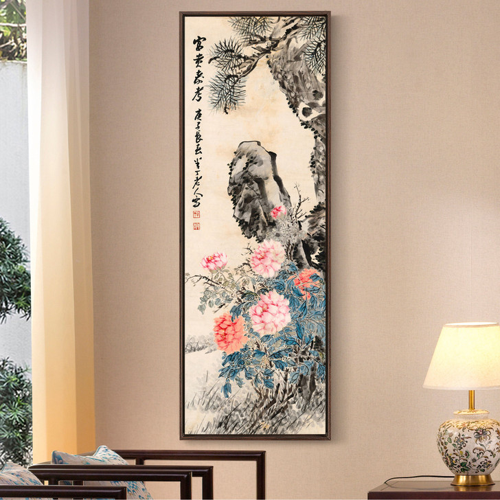 Chen banding,peonies and pine trees,Chinese Floral Art,Vertical Narrow Art,large wall art,framed wall art,canvas wall art,M337