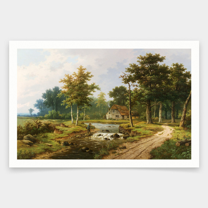 Hendrik Pieter Koekkoek,Fishing in a Forest Stream,art prints,Vintage art,canvas wall art,famous art prints,q1728