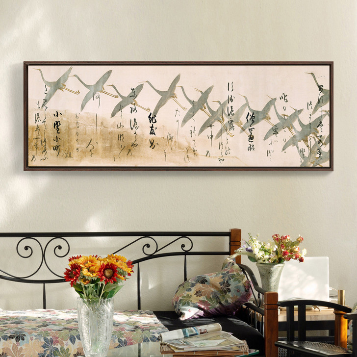 Honami Koetsu,Anthology with Cranes II,Crane and calligraphy,japanese painting,Above Bed Decor,Narrow Horizontal Wall Art,large wall artM209
