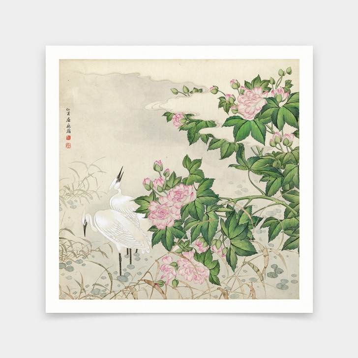 Qu Zhaolin,Cotton rose and white crane,Chinese Birds And Flowers Paintings,art prints,Vintage art,canvas wall art,famous art prints,V7237