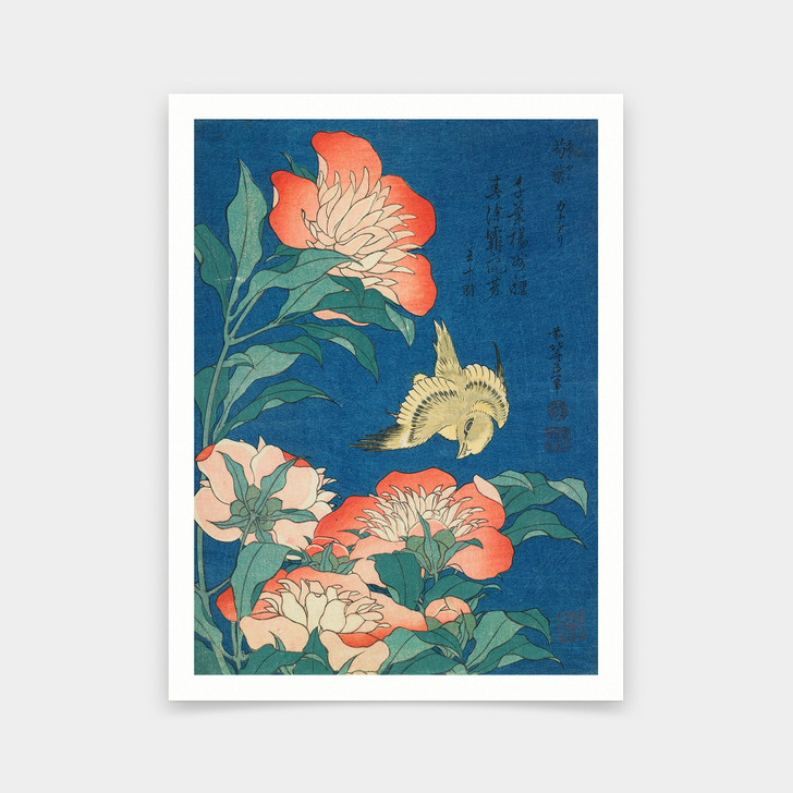 Hokusai,Peonies and Canary,japanese painting,japanese prints,art prints,Vintage art,canvas wall art,famous art prints,V6027,