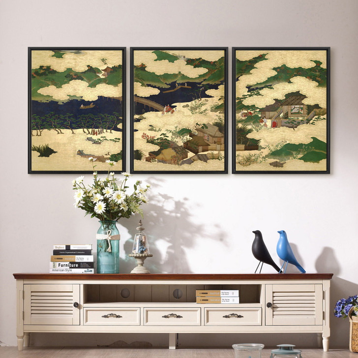 Tosa School,Ohara-goko,Japanese scenery, cottage,Triptych canvas,framed canvas,3 panel wall art,large wall art,framed wall art,s58