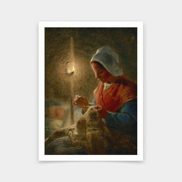 Jean Francois Millet,Woman Sewing by Lamplight,art prints,Vintage art,canvas wall art,famous art prints,V6146