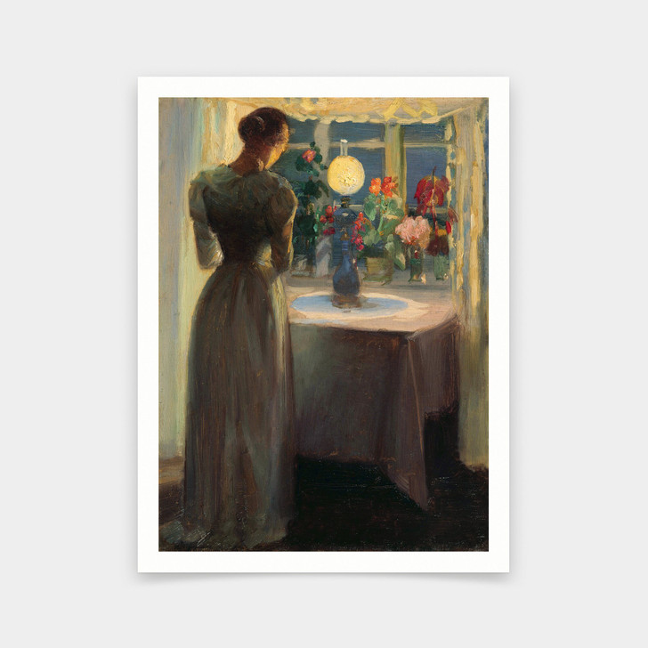 Anna Ancher,Young girl in front of a lighted lamp,art prints,Vintage art,canvas wall art,famous art prints,V5326