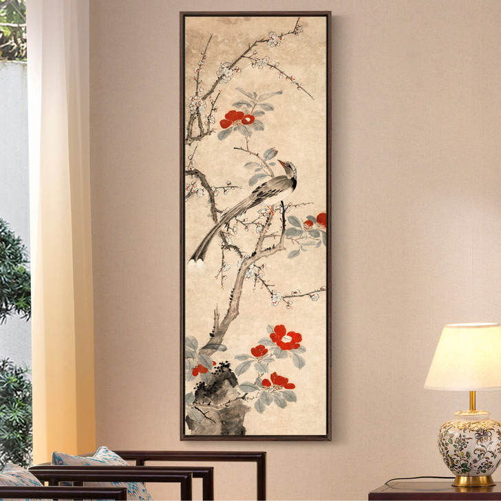Zhu Zhu,Birds on Camellia,Chinese Flower Paintings,Vertical Narrow Art,large wall art,framed wall art,canvas wall art,M908