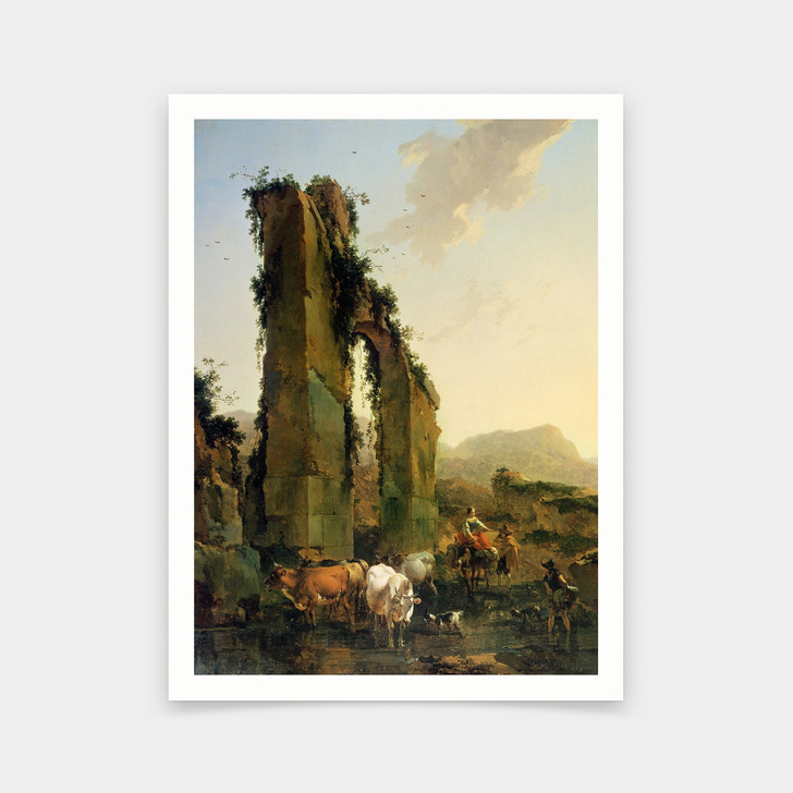 Nicolaes Pietersz Berchem,Peasants with Cattle by a Ruined Aqueduct,art prints,Vintage art,canvas wall art,famous art prints,V6416