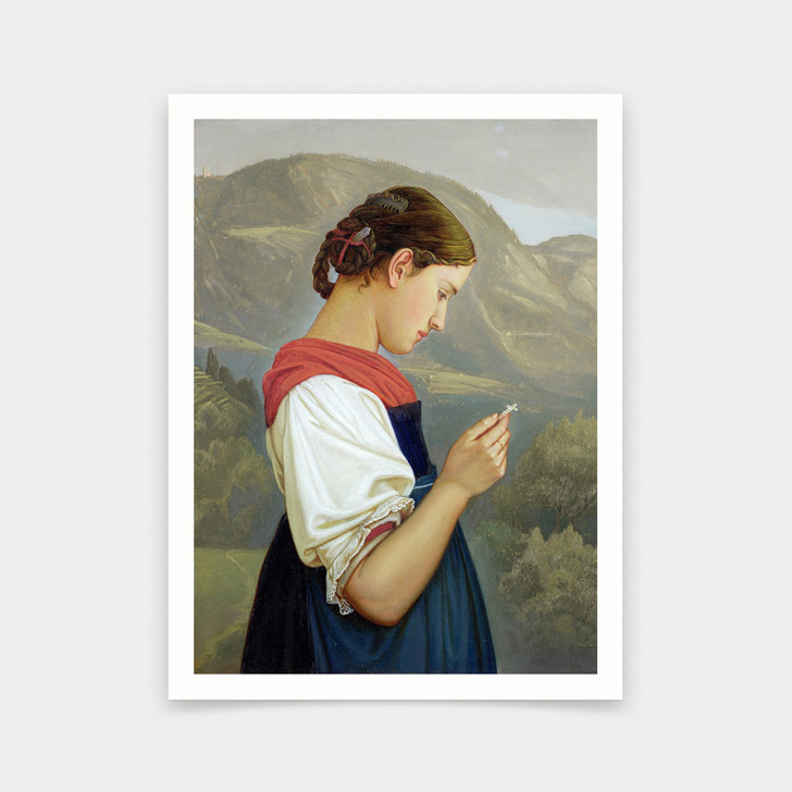 Rudolph Friedrich Wasmann,Tyrolean Girl Contemplating a Crucifix,art prints,Vintage art,canvas wall art,famous art prints,V6705