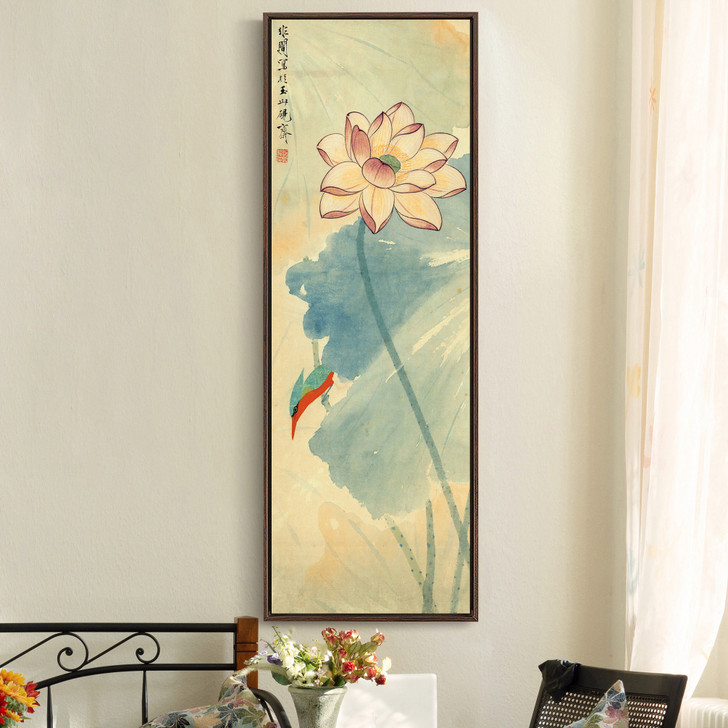 Yu feian,Lotus and Kingfisher,Chinese Flower Paintings,Vertical Narrow Art,large wall art,framed wall art,canvas wall art,M862