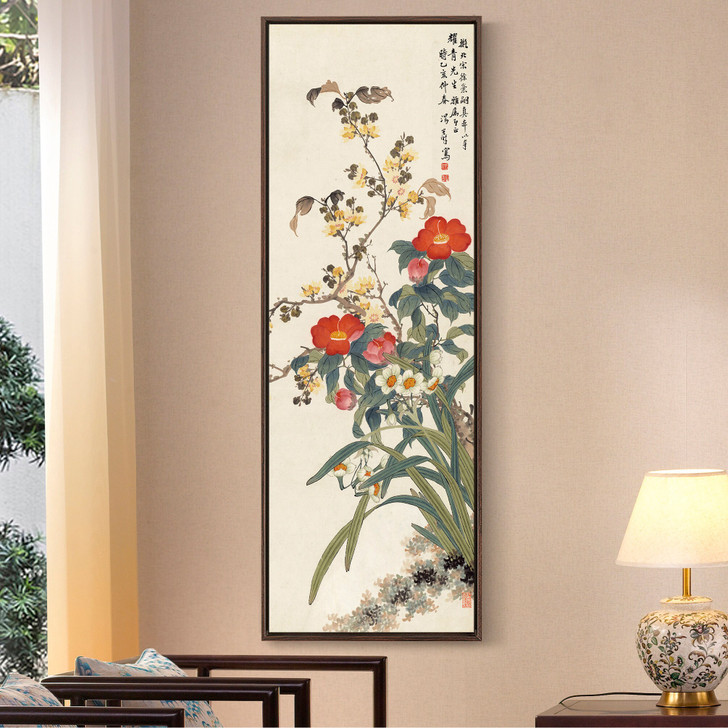 Tang Shishi,Camellia and Chimonanthus,Chinese Flower Paintings,Vertical Narrow Art,large wall art,framed wall art,canvas wall art,M765