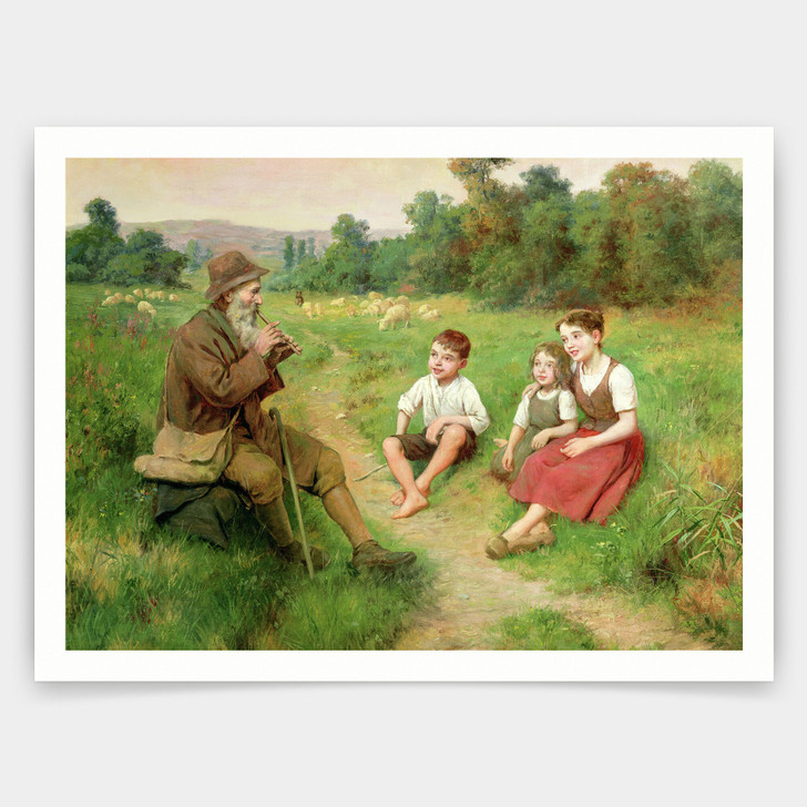 J Alsina,Children Listen to a Shepherd Playing a Flute,art prints,Vintage art,canvas wall art,famous art prints,V4185