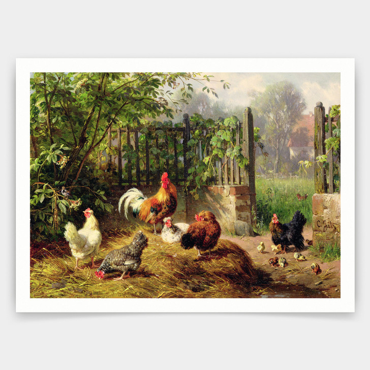 Carl Jutz,Rooster with Hens and Chicks,art prints,Vintage art,canvas wall art,famous art prints,V3294