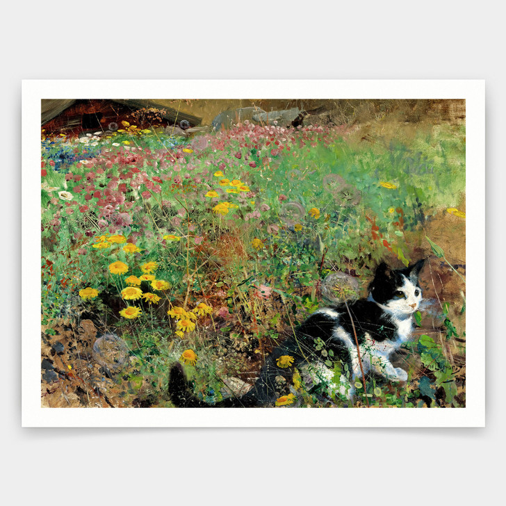 Bruno Liljefors,Cat on a Flowery Meadow, Painted in 1887,art prints,Vintage art,canvas wall art,famous art prints,V3229