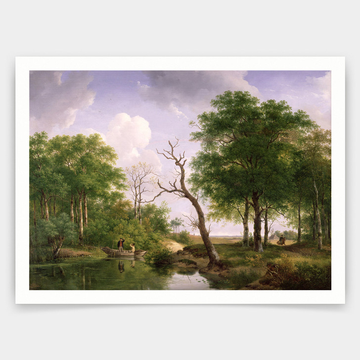 Andreas Schelfhout,A wooded river landscape with sportsmen in a rowing boat,art prints,Vintage art,canvas wall art,famous art prints,V3121