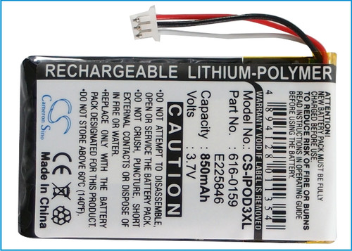 Battery for Apple iPOD 3rd Gen iPod3 20GB M9244LL/A 30GB 616-0159 E225846 850mAh