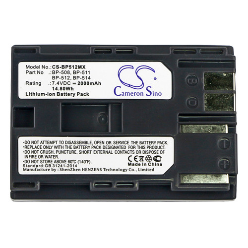 Battery for Canon 40D 50D G1 G2 G3 ZR60 ZR90 BP-508 BP-511 BP-512 BP-514 2000mAh Battery for Canon 40D 50D G1 G2 G3 ZR60 ZR90 BP-508 BP-511 BP-512 BP-514 2000mAh
