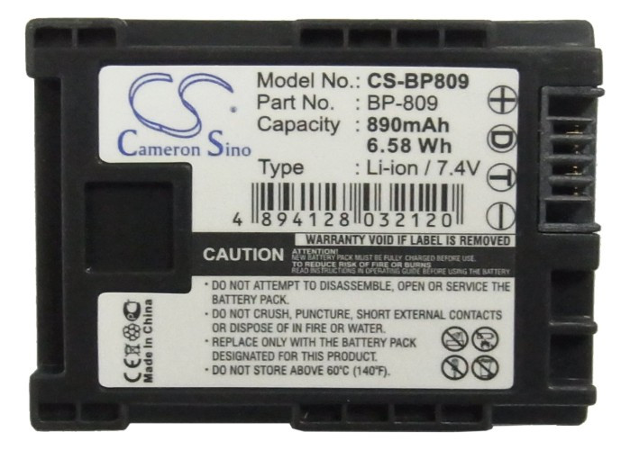 Battery for Canon HF10 HF100 HF20 XA10 XA20 XA25 BP-809 BP-809/B BP-809/S 890mAh