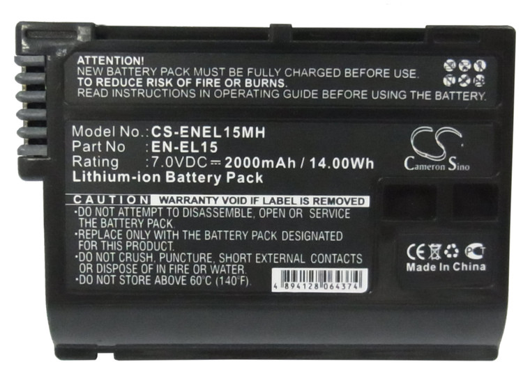 Battery for Nikon 1 V1 D800 D800E D810 D810A MB-D12 EN-EL15 EN-EL15A 2000mAh