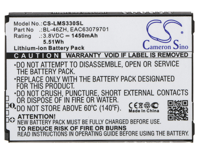 Battery for LG K7 K8V Phoenix 2 AT&T BL-46ZH EAC63079701 CS-LMS330SL 1450mAh