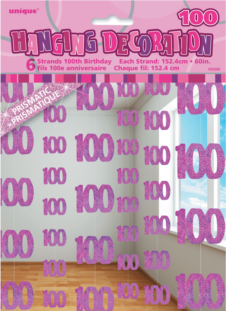 GLITZ PINK 6 HANGING DECORATIONS 1.5m "100th" Code 55382