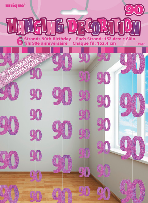 GLITZ PINK 6 HANGING DECORATIONS 1.5m "90th" Code 55381