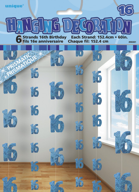 GLITZ BLUE 6 HANGING DECORATIONS 1.5m "16th" Code 55331