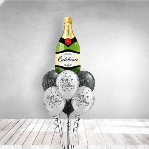 Champagne Bottle Super Shape foil balloon.
Crown with 3 x Black & 3 x Silver printed Happy Birthday latex balloons.
Standard weight. Hi Float inc