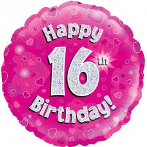 210476 PINK HOLOGRAPHIC HAPPY 16TH B'DAY 45CM FOIL BALLOON
