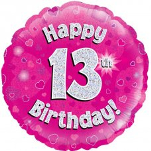 210473 PINK HOLOGRAPHIC HAPPY 13TH B'DAY 45CM FOIL BALLOON