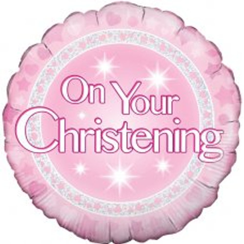 ON YOUR CHRISTENING PINK 45CM FOIL BALLOON.HELIUM INFLATED  PLUS RIBBON