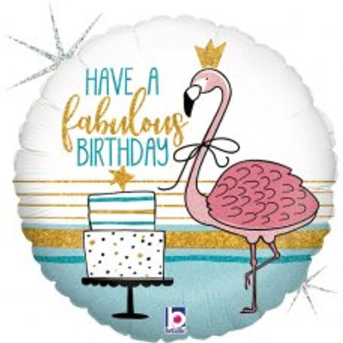 G36884GH FABULOUS FLAMINGO BIRTHDAY HOLO 45CM FOIL BALLOON