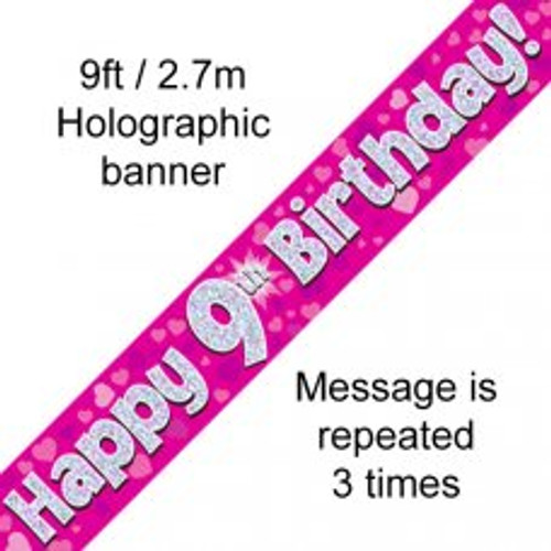 PINK HOLOGRAPHIC HAPPY 9TH  BIRTHDAY BANNER 2.7M