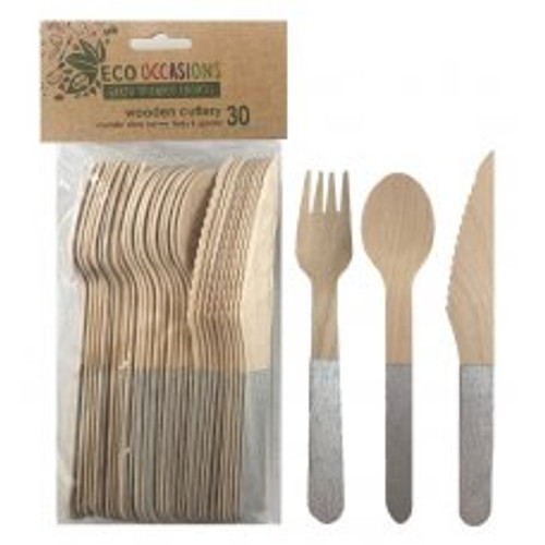 ECO WOODEN CUTLERY SETS SILVER  (6 EACH FORK KNIFE SPOON )
