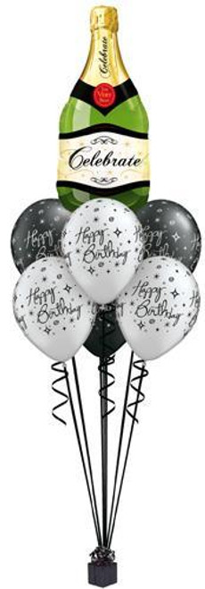 Champagne bottle Super shape Foil Balloon. crown with 3 x Black & 3 x Silver Printed Happy Birthday Latex Balloons. Standard weight. Hi Float inc