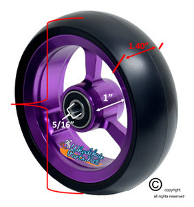 SHIVOSPYN 4" X 1.4" Aluminum 3 Spoke Wheel, Purple Rim, Soft Urethane Tire with 5/16" bearings.