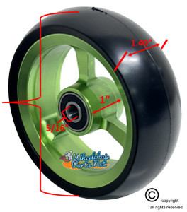 SHIVOSPYN 5" X 1.4" Aluminum 3 Spoke Wheel, Green Rim / Soft Urethane Tire with 5/16" bearings.