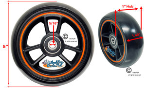 TRI RACER - 5" x 1.40" 3-Spoke Composite Mag Wheel, Black Wheel With Orange Strip/ Black Tire. Sold as Set of 2