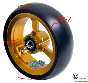 SHIVOSPYN 4" X 1.4" Aluminum 3 Spoke Wheel, Gold Rim, Soft Urethane Tire with 5/16" bearings.