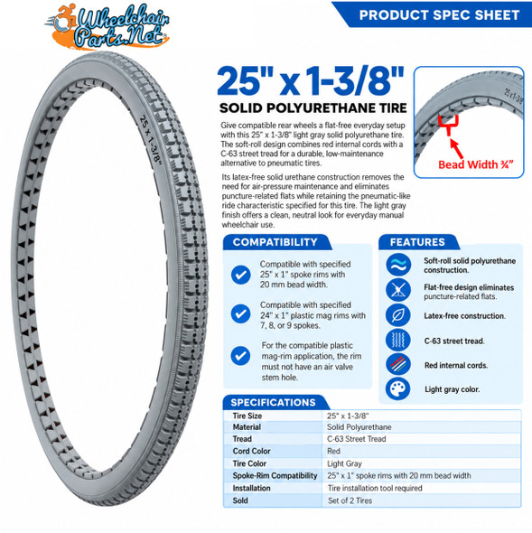 25" X 1 3/8"  SOLID, SOFT ROLL GREY TIRE. Set of 2