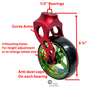 Red Aluminum Caster Fork Assembly With 5x1.40 Soft Roll Wheels in Green Color