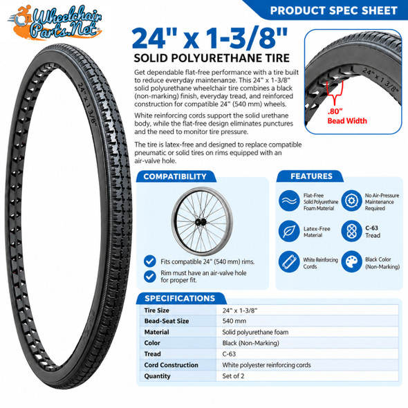 24 X 1 3/8"  SOLID POLYURETHANE, BLACK TIRE. Set of 2