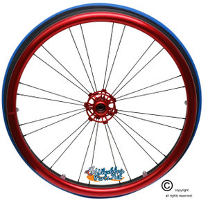 Shivoxx 24"x1" (540) Wheels with Primo V-Trak Blue Tires. Red Pushrim, Aluminum/Carbon Hub and 1/2" Bearings