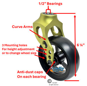 Green Aluminum Caster Fork Assembly With 5x1.40 Soft Roll Wheels in Black Color