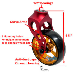 Red Aluminum Caster Fork Assembly With 5x1.40 Soft Roll Wheels in Gold Color