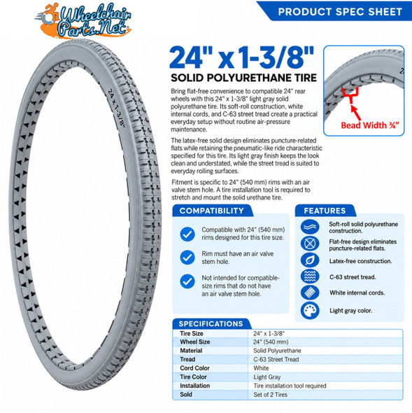 24 X 1 3/8"  SOLID, SOFT ROLL GREY TIRE. Set of 2