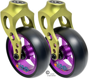 Green Aluminum Caster Fork Assembly With 4x1.40 Soft Roll Wheels in Purple Color