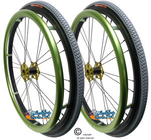 Shivoxx 24"x1" (540) Wheels with Primo Passage Tires. Green Pushrim, Aluminum/Carbon Hub and 1/2" Bearings