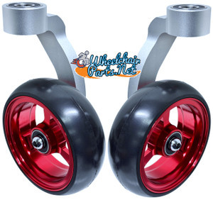 Single Sided Aluminum Caster Fork (Silver) Assembly With 4"x1" Red Wheel. Set of 2